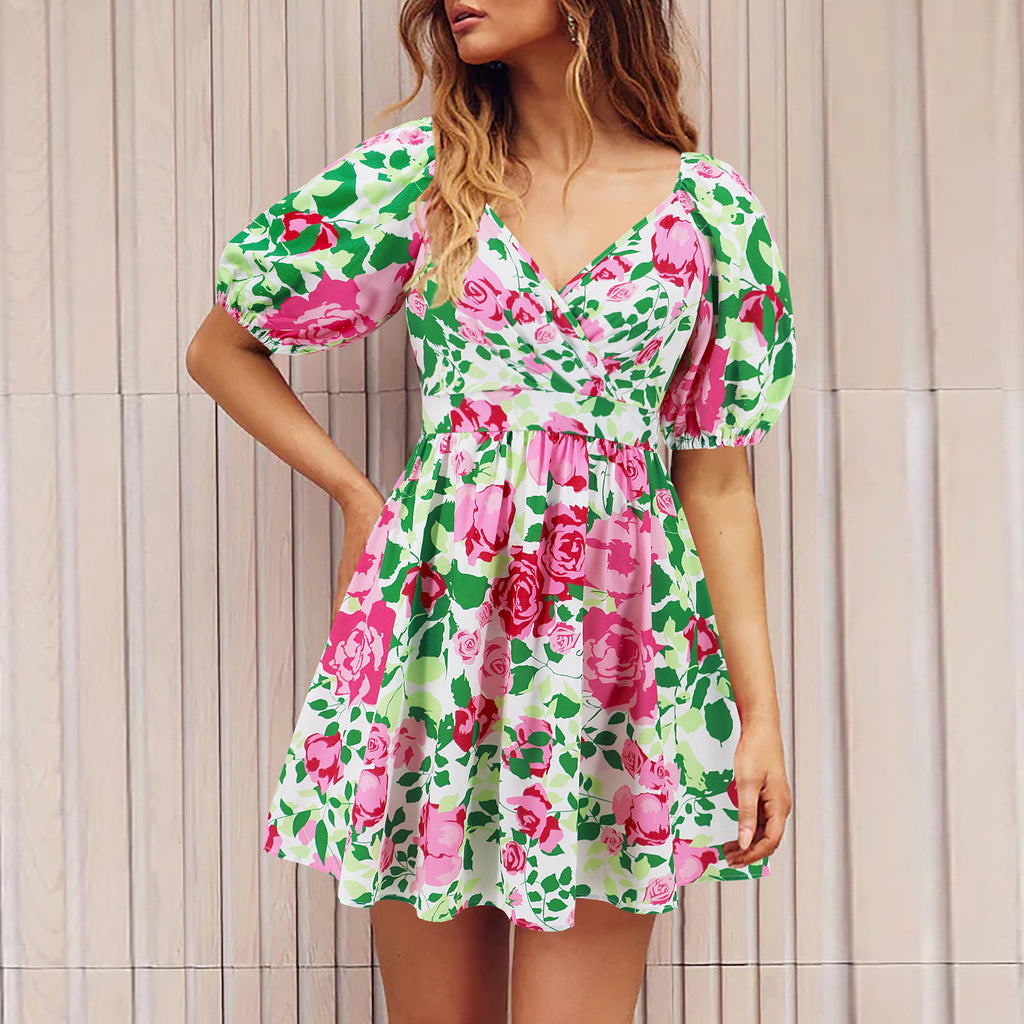 Flowers Print V-Neck Lantern-sleeve Women's Dress - ANIBEY