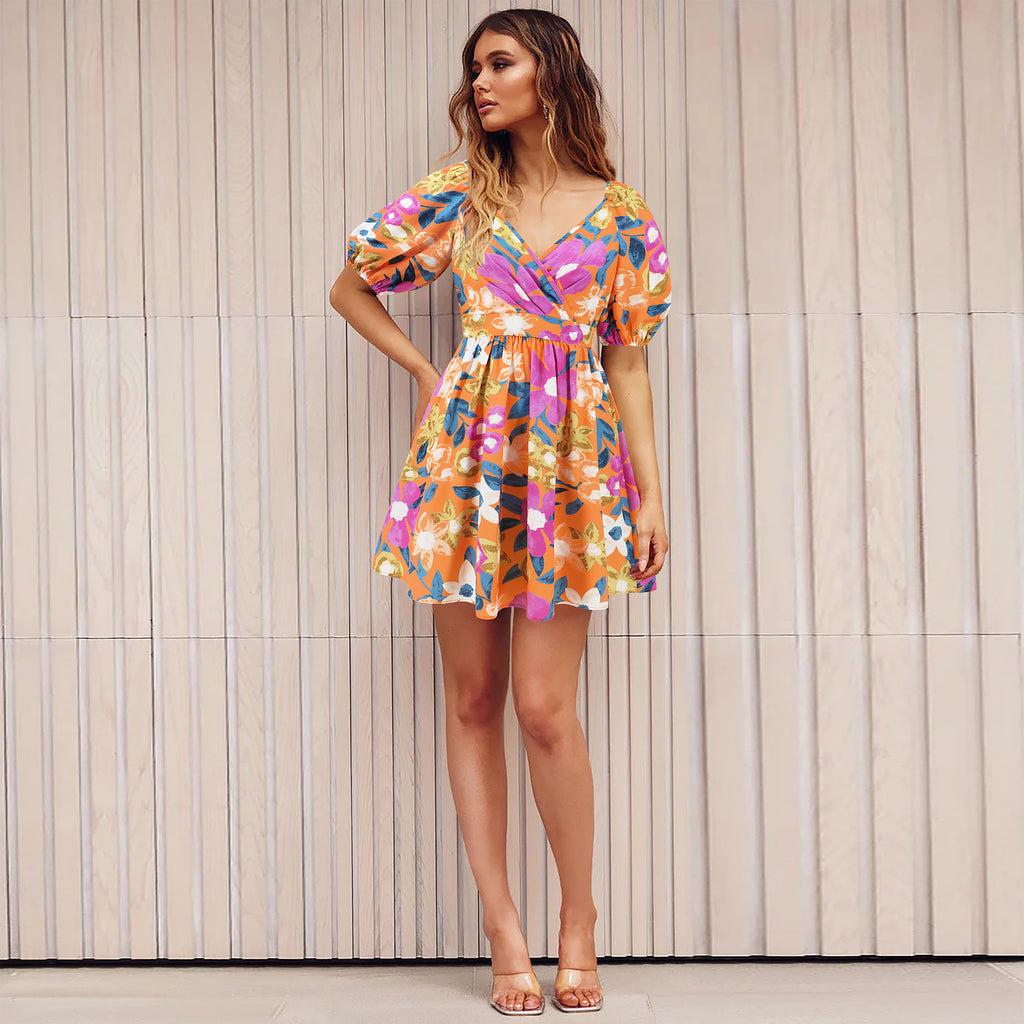 Flowers Print V-Neck Lantern-sleeve Women's Dress - ANIBEY