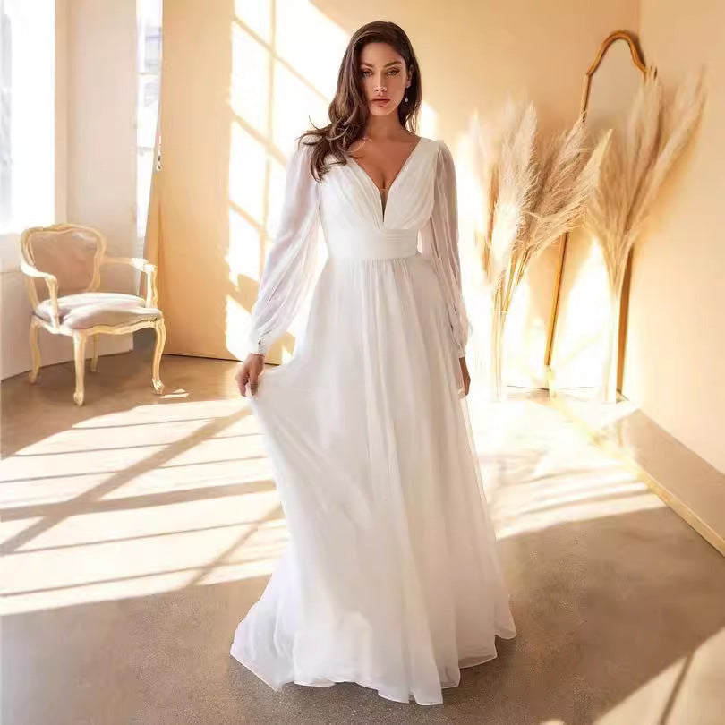 Long Sleeve Chiffon Sexy Temperament Deep V Dress - ANIBEY