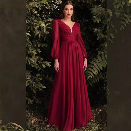 Long Sleeve Chiffon Sexy Temperament Deep V Dress - ANIBEY