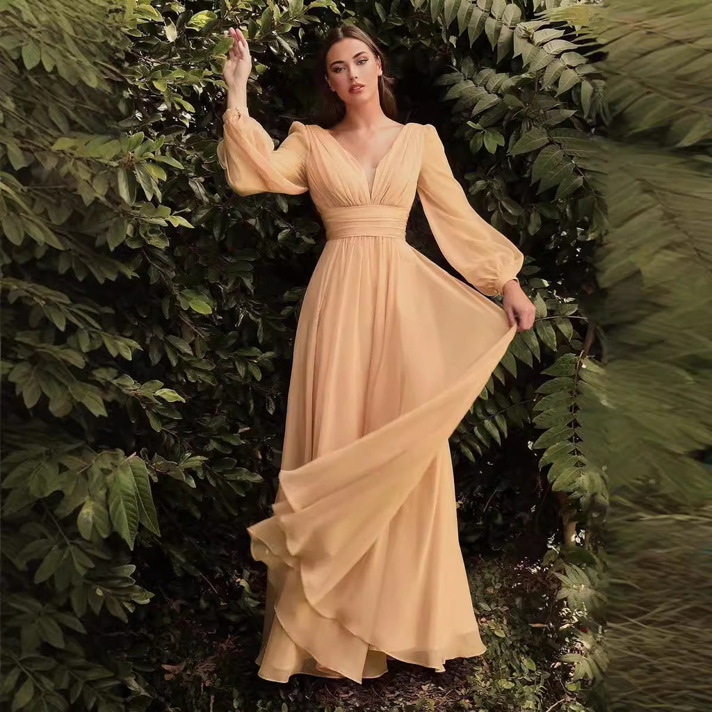 Long Sleeve Chiffon Sexy Temperament Deep V Dress - ANIBEY