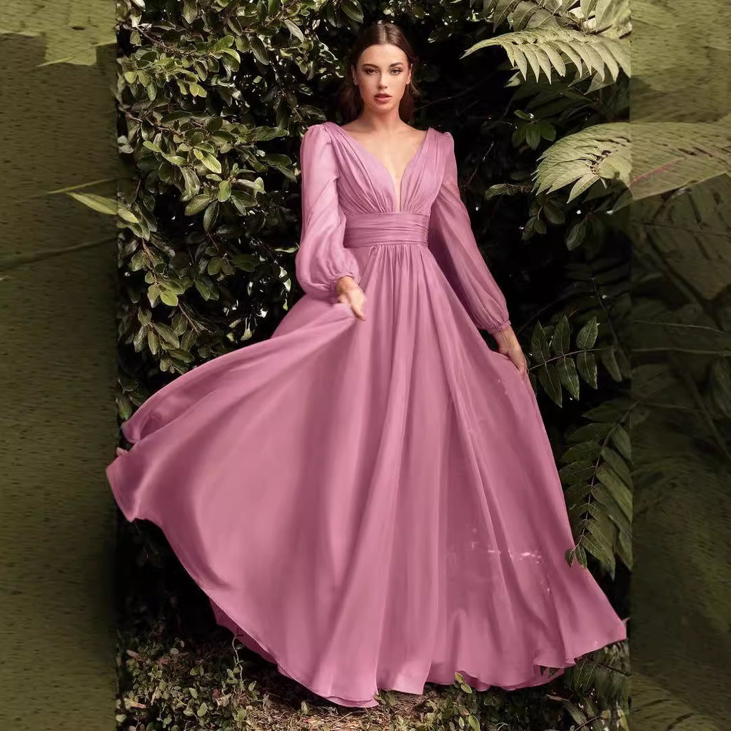 Long Sleeve Chiffon Sexy Temperament Deep V Dress - ANIBEY