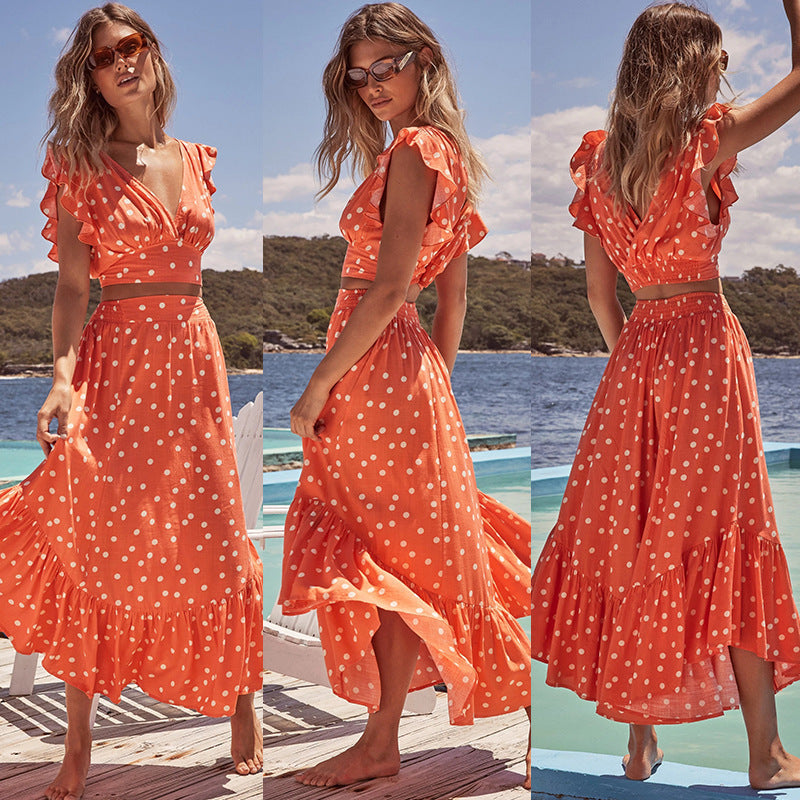 Women's Low Cut V Neck Polka Dot Print Long Dress - ANIBEY