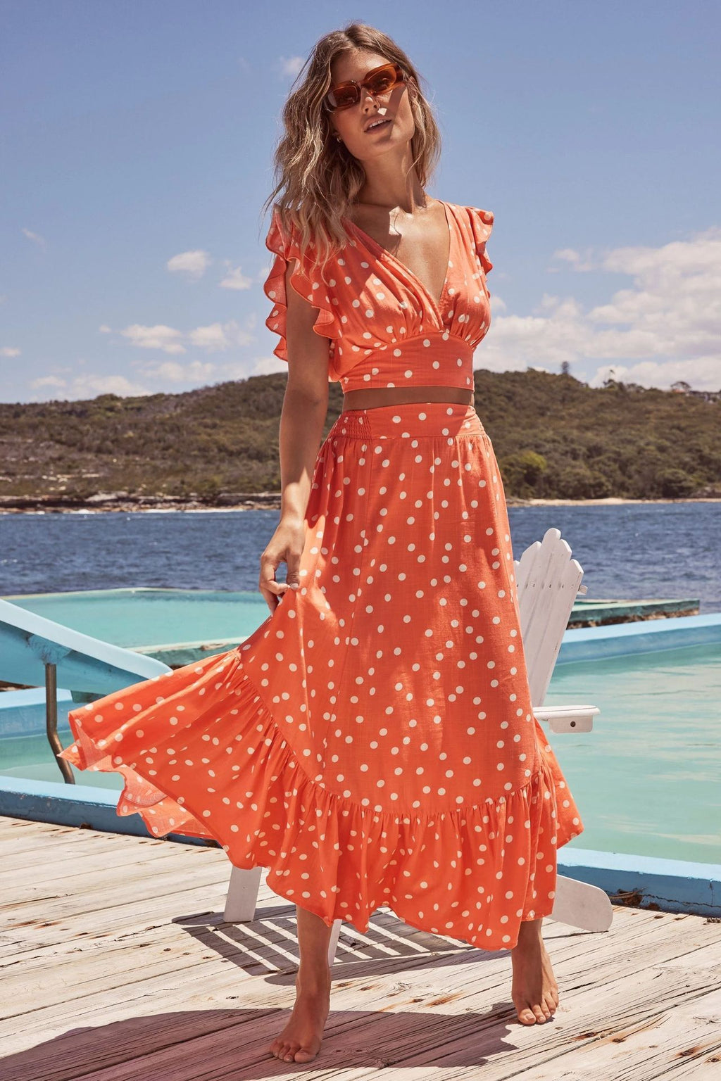 Women's Low Cut V Neck Polka Dot Print Long Dress - ANIBEY