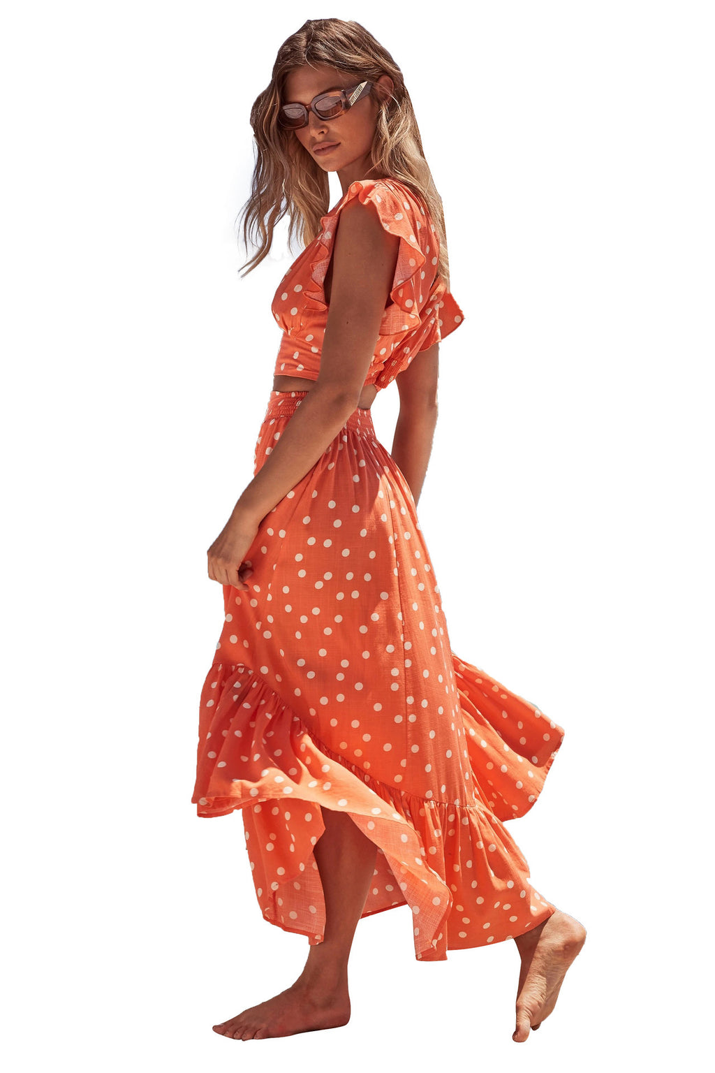 Women's Low Cut V Neck Polka Dot Print Long Dress - ANIBEY