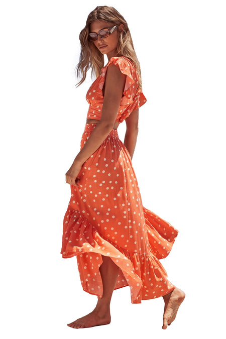 Women's Low Cut V Neck Polka Dot Print Long Dress - ANIBEY