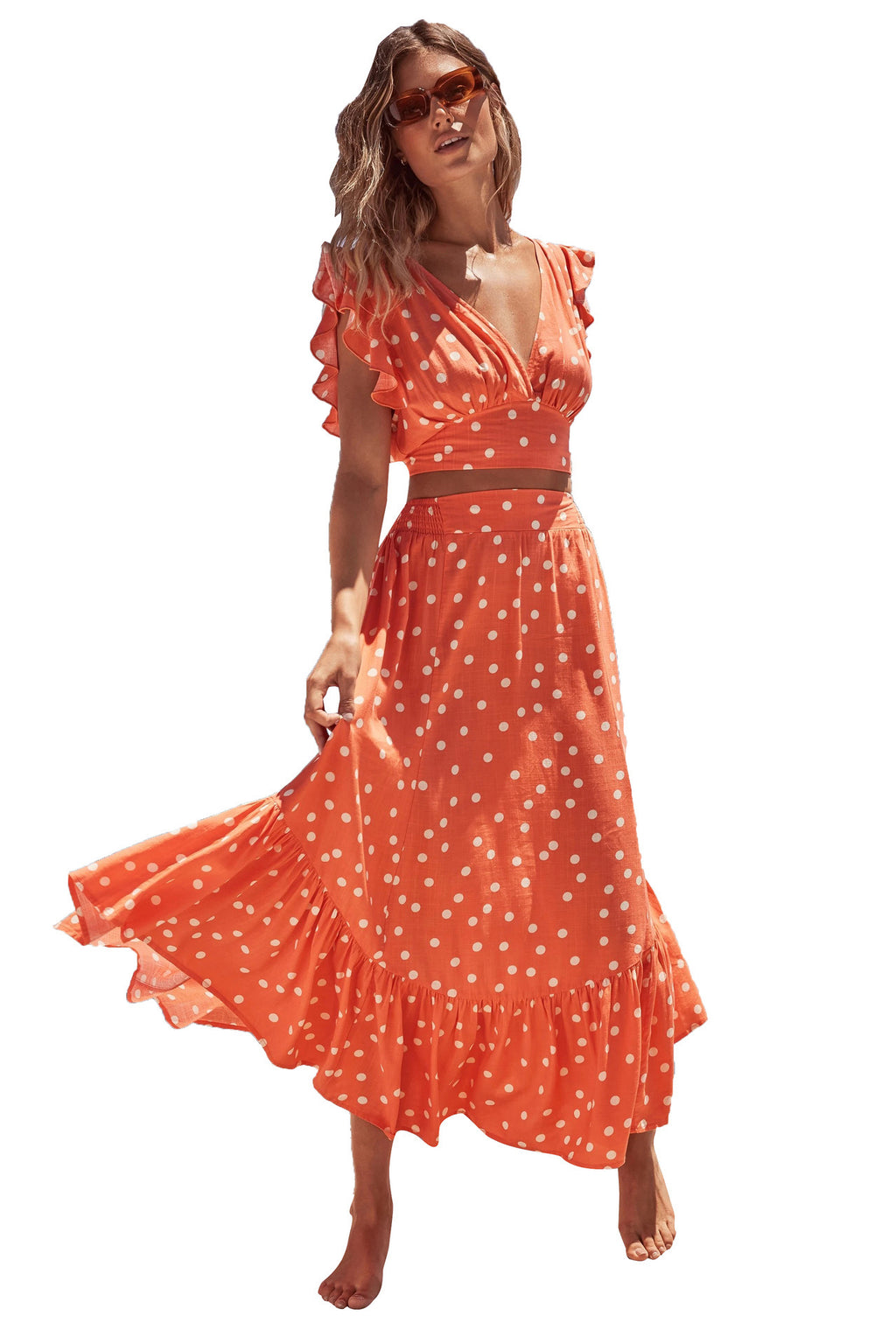 Women's Low Cut V Neck Polka Dot Print Long Dress - ANIBEY