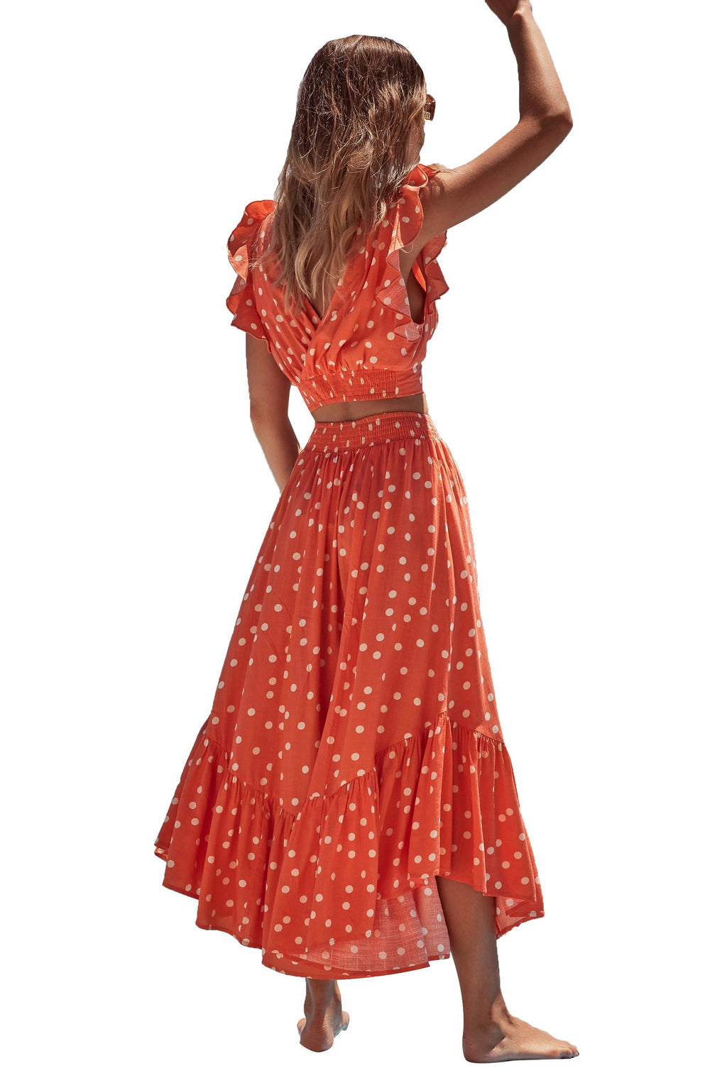 Women's Low Cut V Neck Polka Dot Print Long Dress - ANIBEY