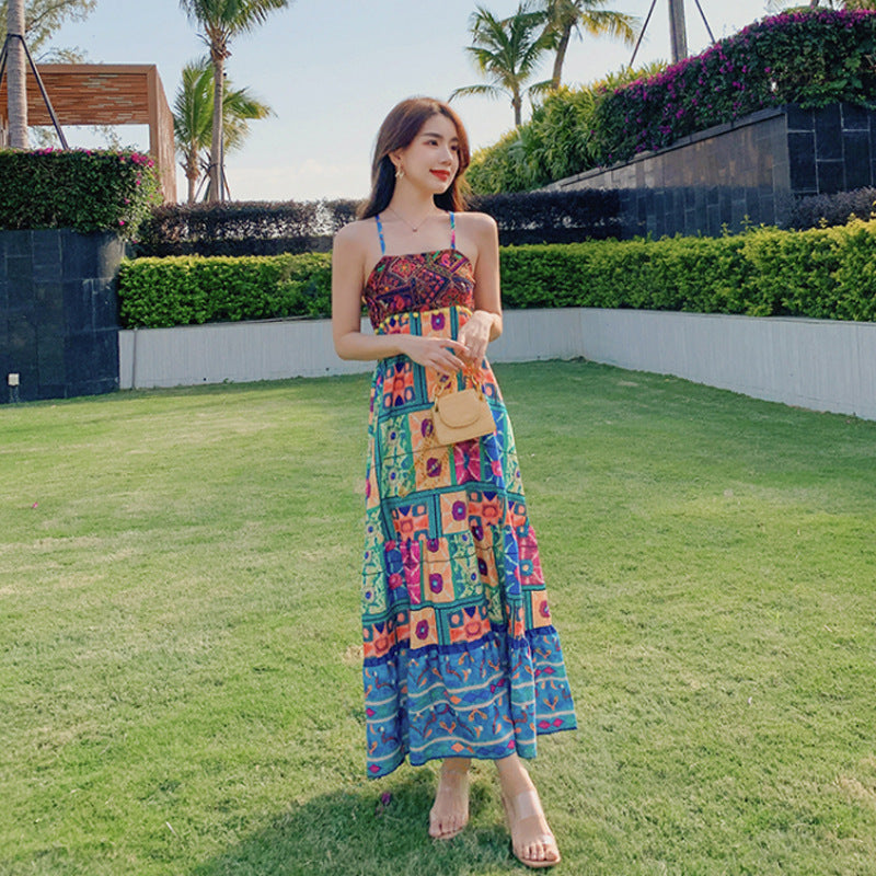 Bohemian Cross Back Tropical Maxi Summer Dress - ANIBEY