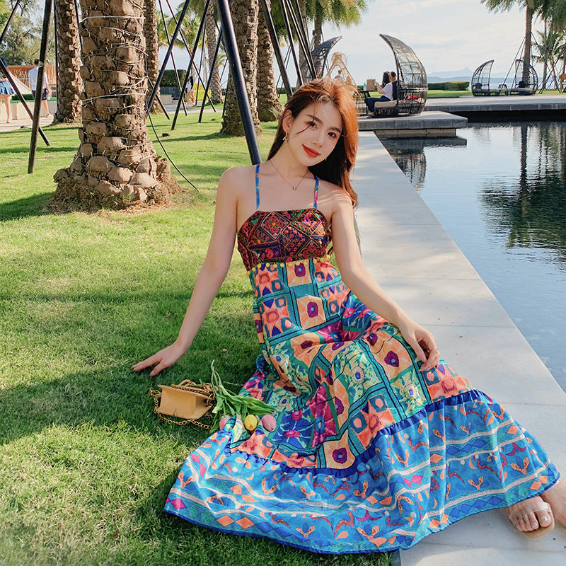 Bohemian Cross Back Tropical Maxi Summer Dress - ANIBEY