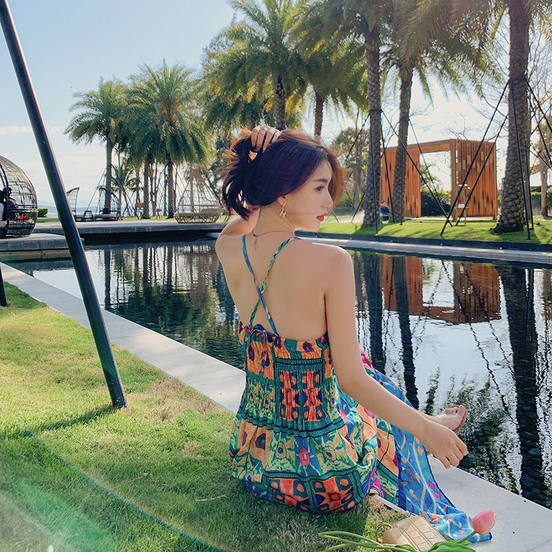 Bohemian Cross Back Tropical Maxi Summer Dress - ANIBEY