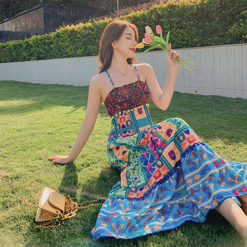 Bohemian Cross Back Tropical Maxi Summer Dress - ANIBEY