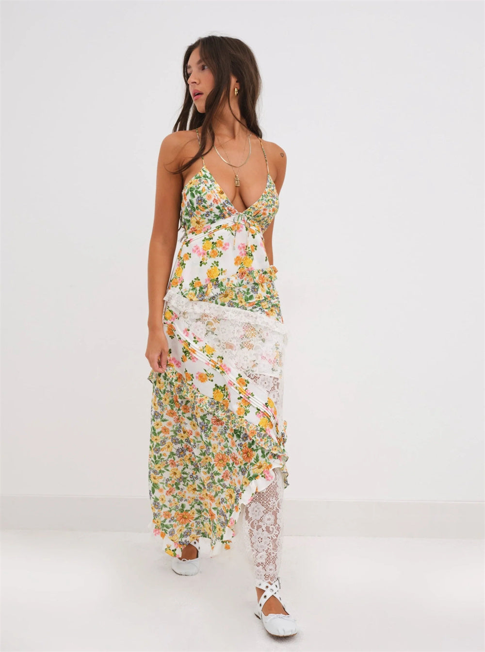 Women's Printed Halter Patchwork Hem Long Dresses - ANIBEY