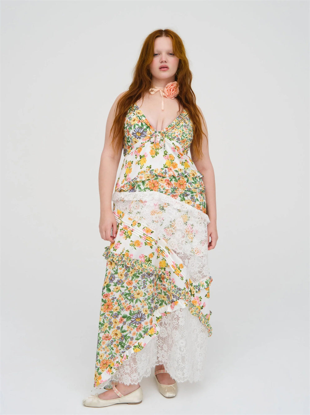 Women's Printed Halter Patchwork Hem Long Dresses - ANIBEY