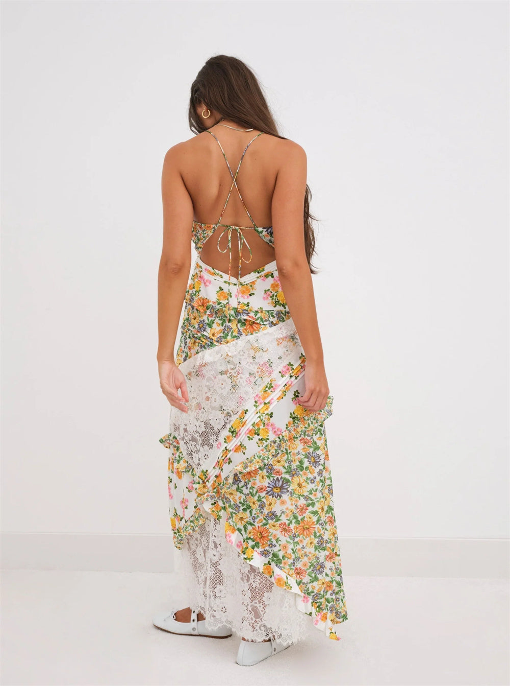 Women's Printed Halter Patchwork Hem Long Dresses - ANIBEY