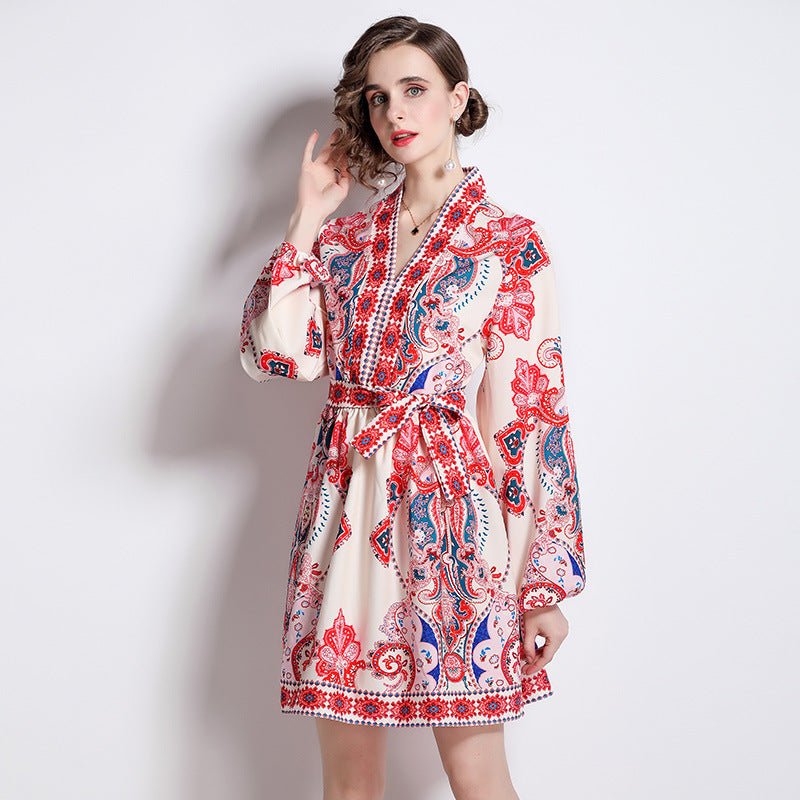 European And American Style Positioning Pattern V-neck Slimming Long Sleeves Dress - ANIBEY