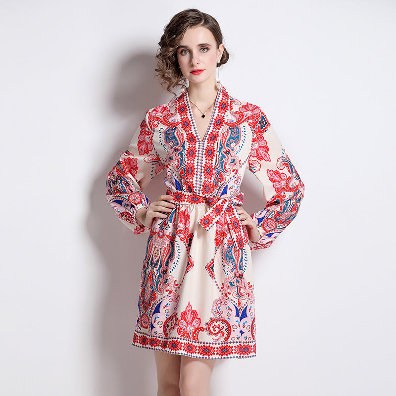 European And American Style Positioning Pattern V-neck Slimming Long Sleeves Dress - ANIBEY