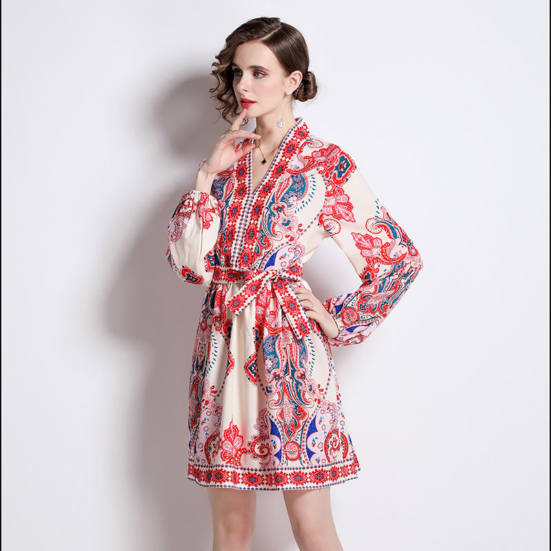 European And American Style Positioning Pattern V-neck Slimming Long Sleeves Dress - ANIBEY
