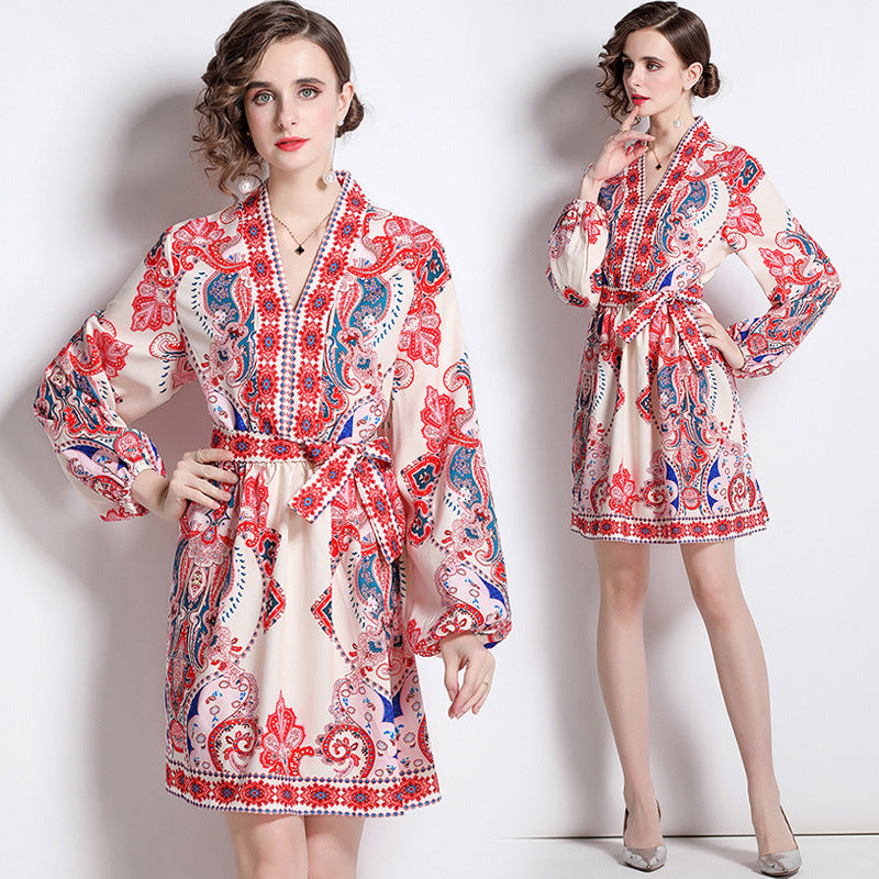 European And American Style Positioning Pattern V-neck Slimming Long Sleeves Dress - ANIBEY