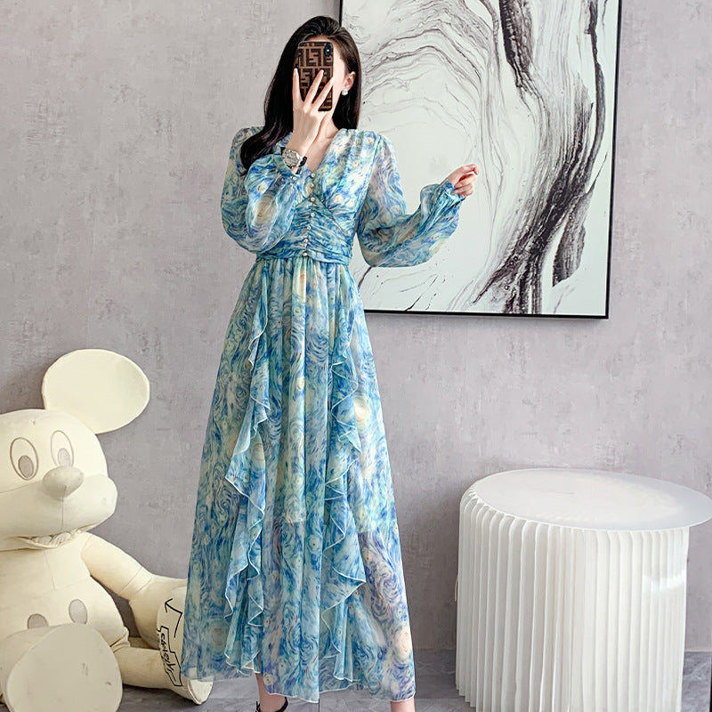 Printed Long Dress Star Yarn Chiffon Ruffled Swing Dress - ANIBEY
