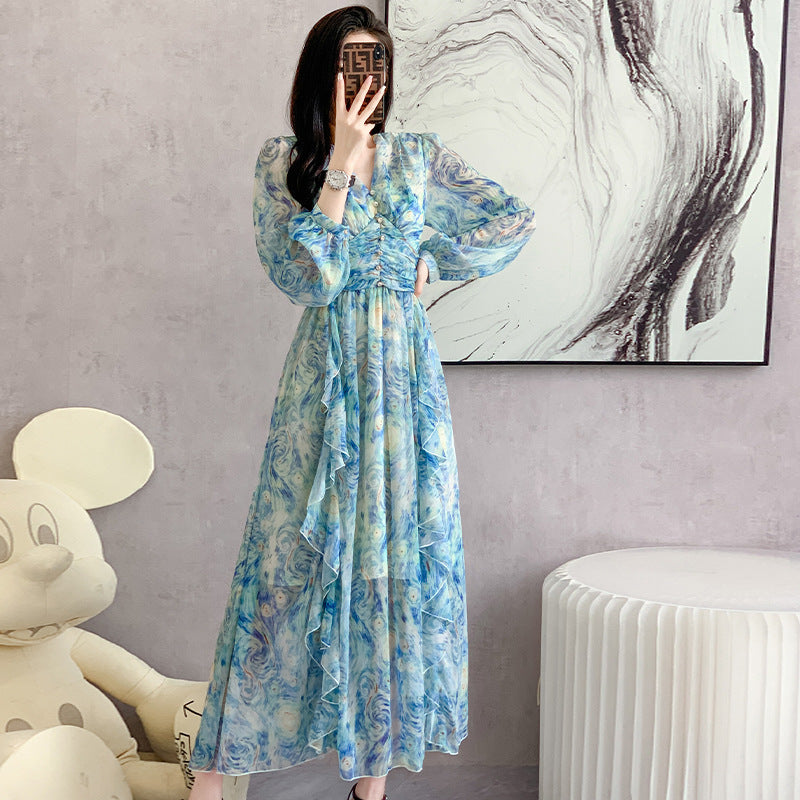 Printed Long Dress Star Yarn Chiffon Ruffled Swing Dress - ANIBEY