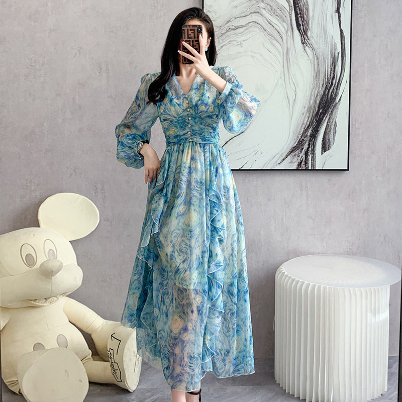 Printed Long Dress Star Yarn Chiffon Ruffled Swing Dress - ANIBEY