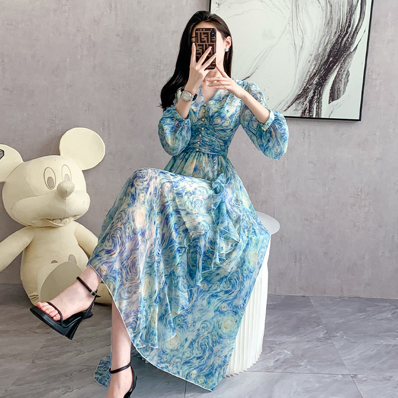 Printed Long Dress Star Yarn Chiffon Ruffled Swing Dress - ANIBEY