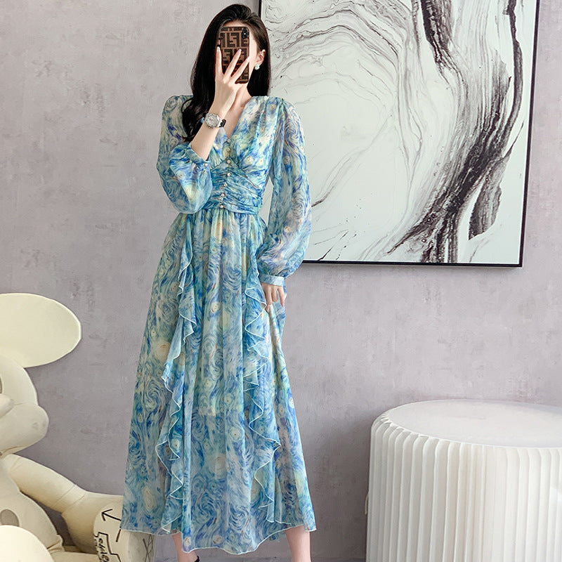 Printed Long Dress Star Yarn Chiffon Ruffled Swing Dress - ANIBEY