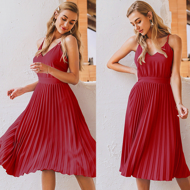 Spring And Summer New Style Sling V-Neck Pleated Dress Princess Dress Multicolor - ANIBEY