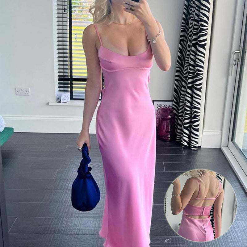 Women Camis Satin Long Dresses Elegant Sleeveless Slip Holiday Party Dresses Sexy Casual Backless Summer Dresses - ANIBEY