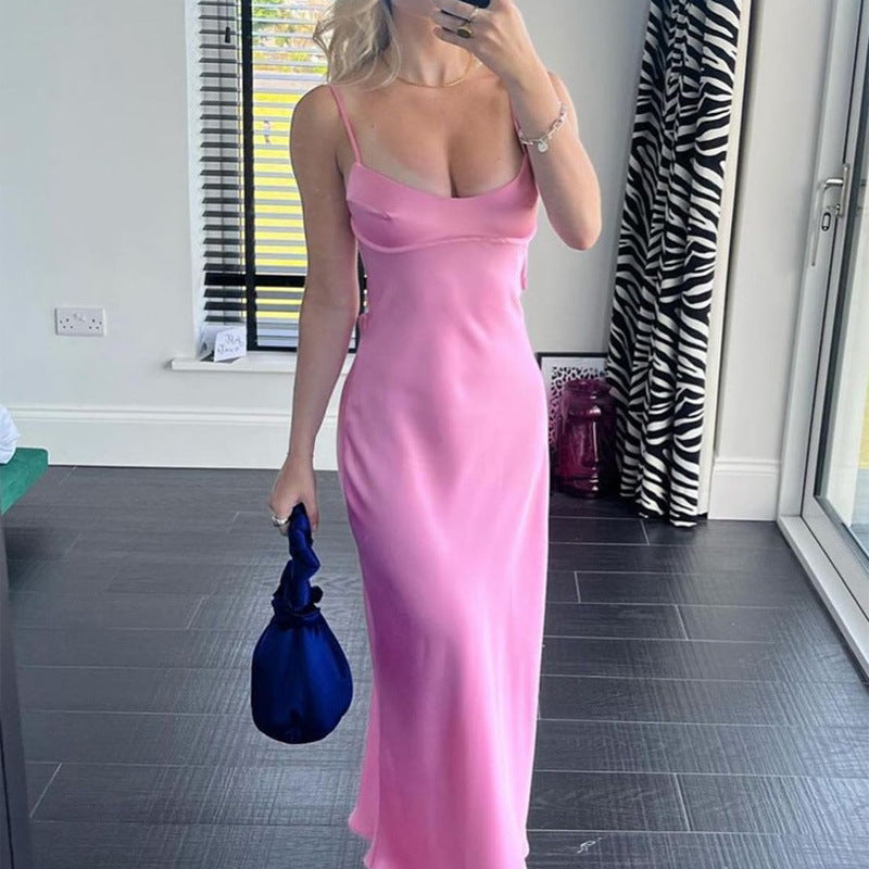 Women Camis Satin Long Dresses Elegant Sleeveless Slip Holiday Party Dresses Sexy Casual Backless Summer Dresses - ANIBEY