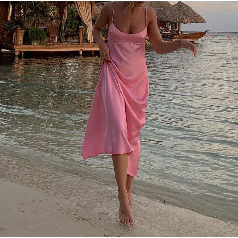 Women Camis Satin Long Dresses Elegant Sleeveless Slip Holiday Party Dresses Sexy Casual Backless Summer Dresses - ANIBEY