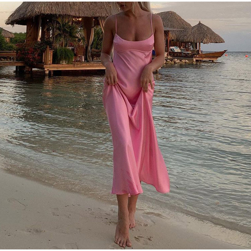Women Camis Satin Long Dresses Elegant Sleeveless Slip Holiday Party Dresses Sexy Casual Backless Summer Dresses - ANIBEY