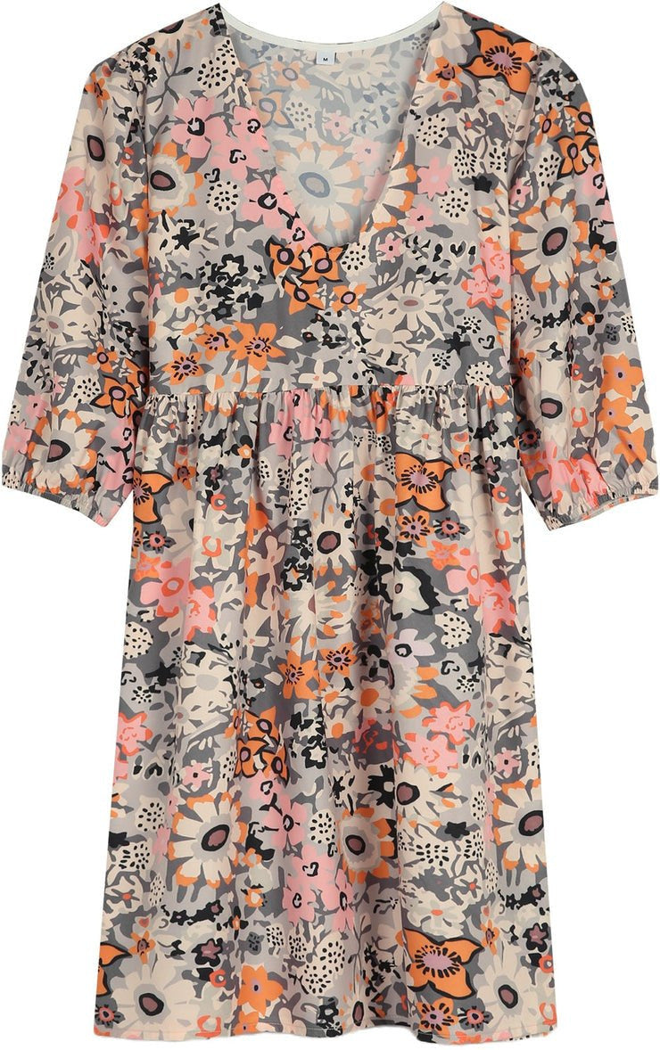 Women's V-neck Printed Loose Midi Dress - ANIBEY