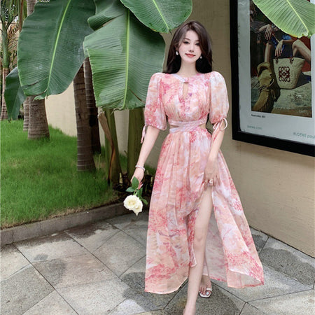 Artistic Print Aesthetic Atmosphere Design Sense Waist Long Dress - ANIBEY