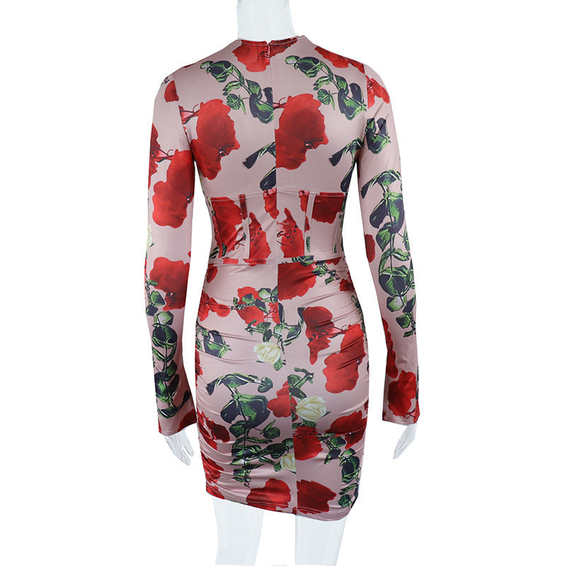 Crossover Cutout Zip Long Sleeve Pleated Pack Hip Dress - ANIBEY