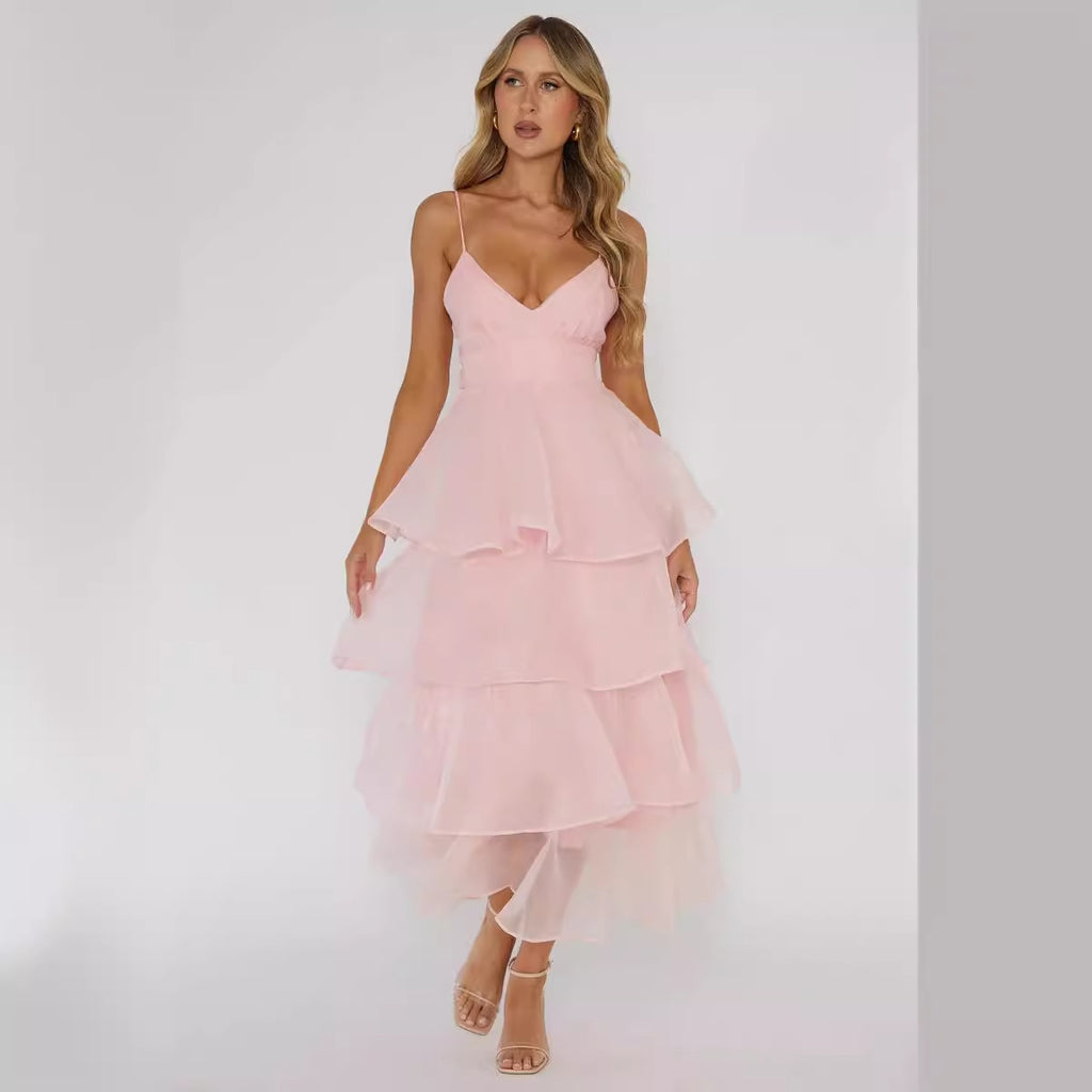 European And American Organza INS Deep V-neck Backless Sling Dress Leisure Vacation - ANIBEY