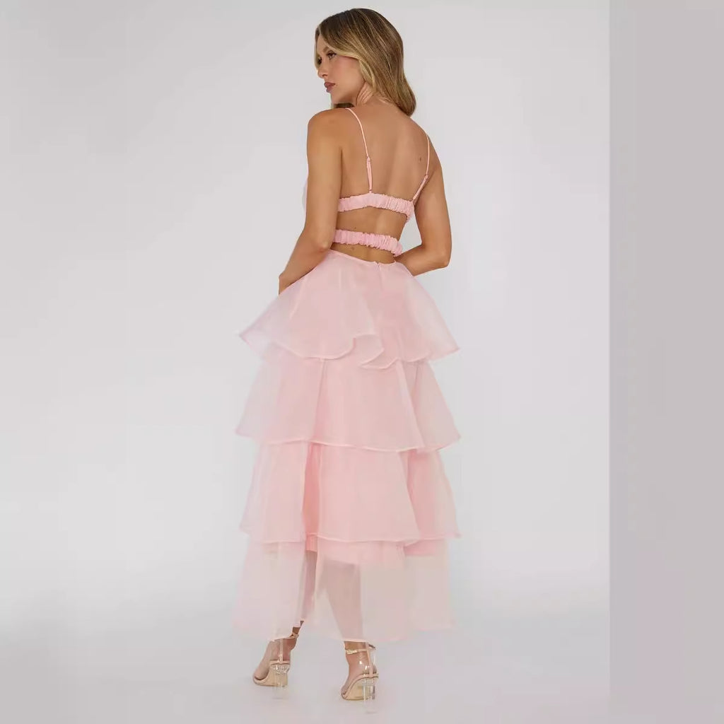 European And American Organza INS Deep V-neck Backless Sling Dress Leisure Vacation - ANIBEY