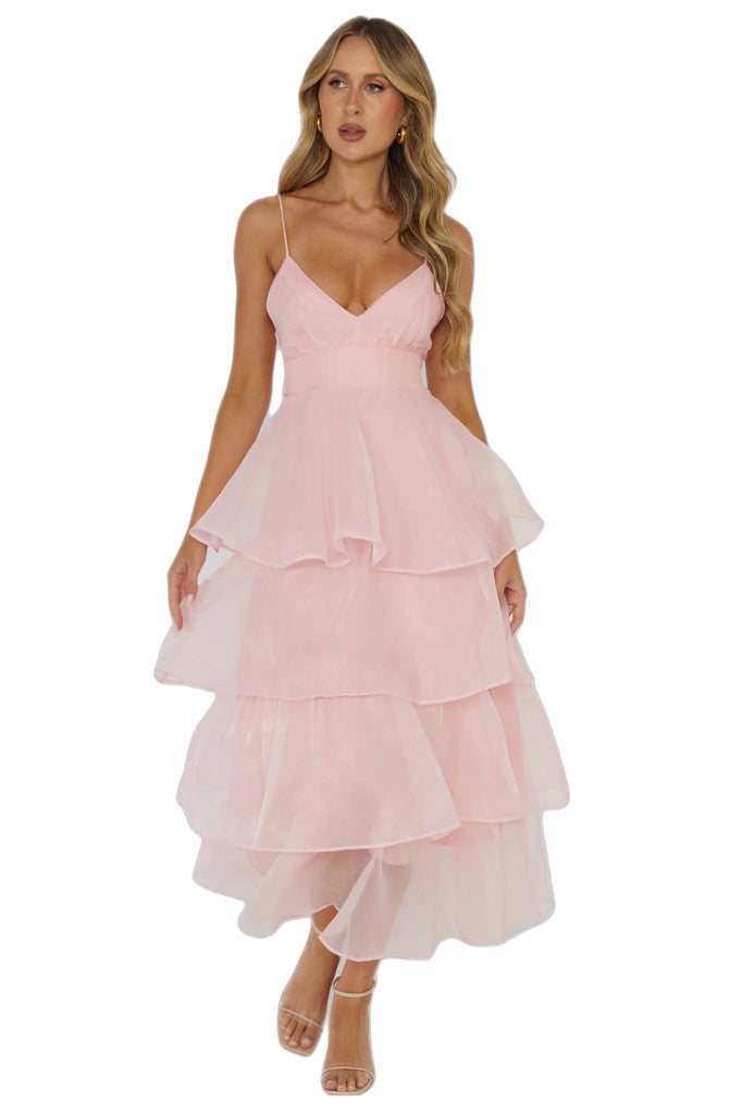 European And American Organza INS Deep V-neck Backless Sling Dress Leisure Vacation - ANIBEY