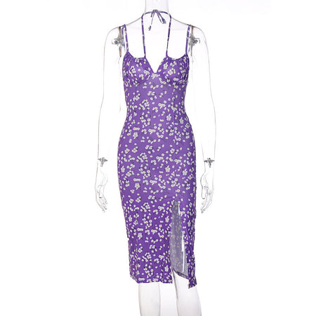 Ins French Temperament Retro Floral Dress Female Summer All-match Thin Waist Split Lace Sleeveless Suspender Skirt - ANIBEY