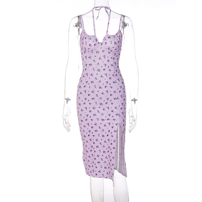 Ins French Temperament Retro Floral Dress Female Summer All-match Thin Waist Split Lace Sleeveless Suspender Skirt - ANIBEY