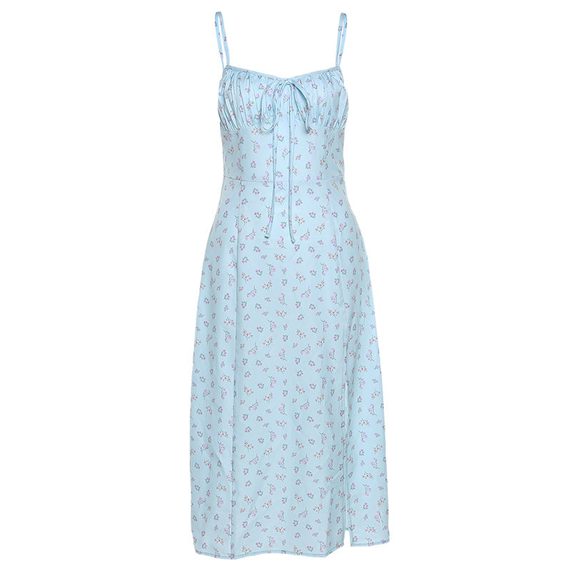 Ins French Temperament Retro Floral Dress Female Summer All-match Thin Waist Split Lace Sleeveless Suspender Skirt - ANIBEY