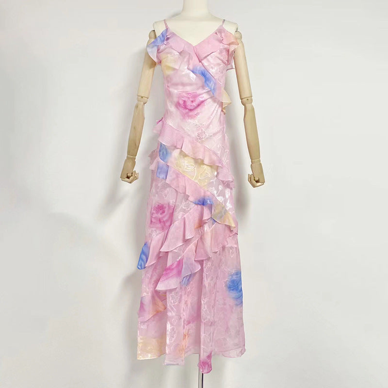 Styles V-Neck Strap Printing Slim Fit Ruffled Dress - ANIBEY