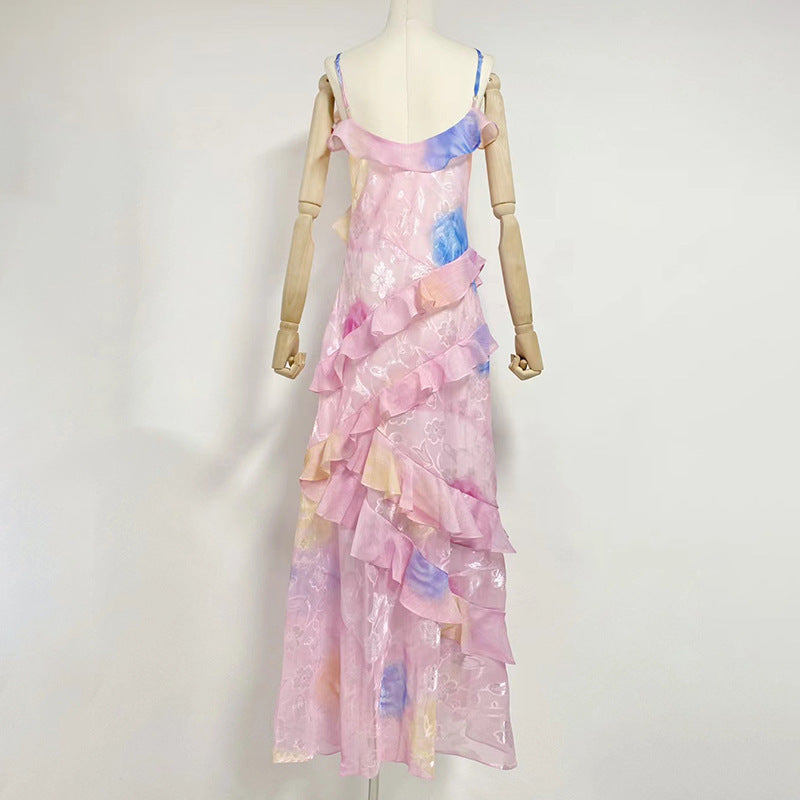 Styles V-Neck Strap Printing Slim Fit Ruffled Dress - ANIBEY