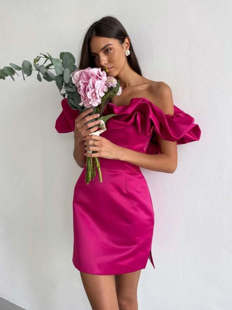 Women's Ruffled Off-shoulder Dress Solid Color - ANIBEY