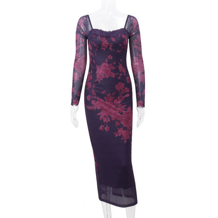 Stitching Printing Waist-tight Sheath Dress - ANIBEY