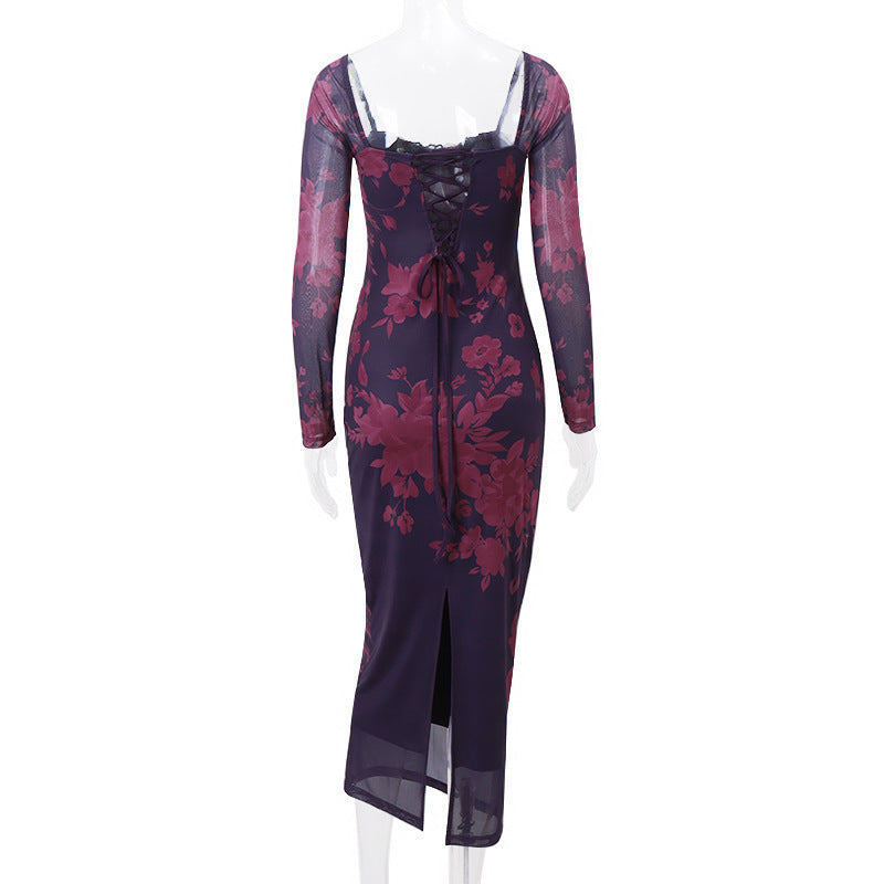 Stitching Printing Waist-tight Sheath Dress - ANIBEY
