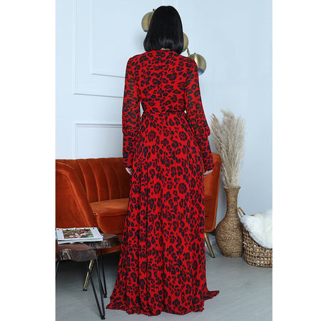 Printed Slit Long Skirt European And American Leopard Print Sexy Deep V Long-sleeved Dress - ANIBEY