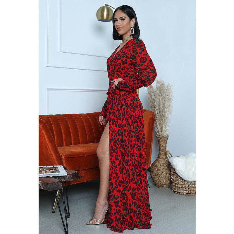 Printed Slit Long Skirt European And American Leopard Print Sexy Deep V Long-sleeved Dress - ANIBEY