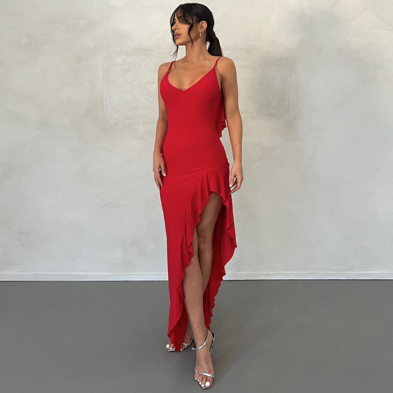 Frilly Dress With Irregular Halter - ANIBEY